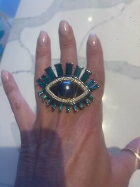 Kurt Geiger Gold-Tone Evil Eye Ring with Green Crystals and Dark Center